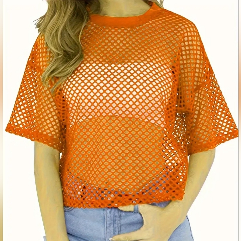 Vibrant Orange Mesh Crop Top, 2XL